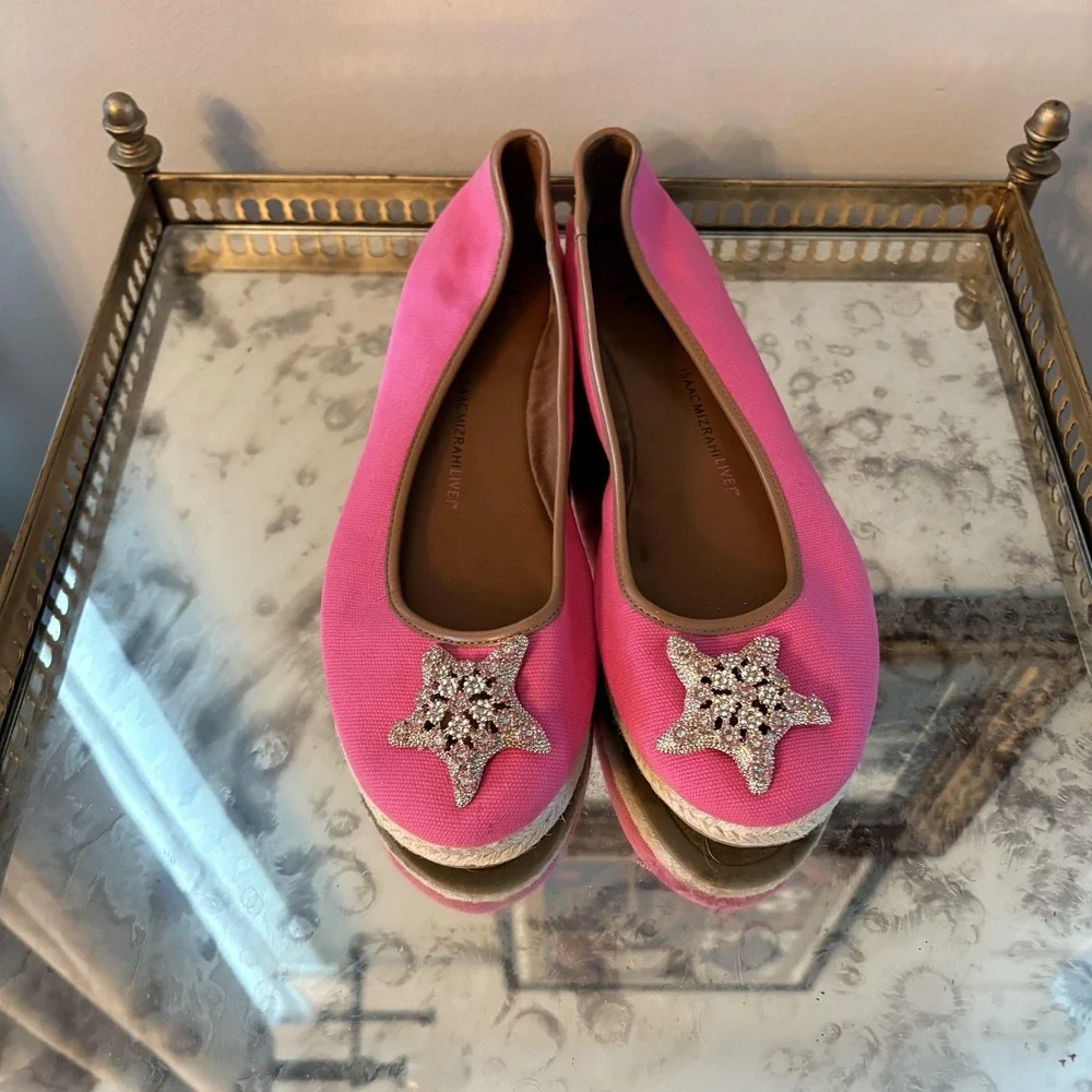 Isaac Mizrahi Shoes Womens Size 10 Pink Canvas Starfish Jeweled Espadrille Flats